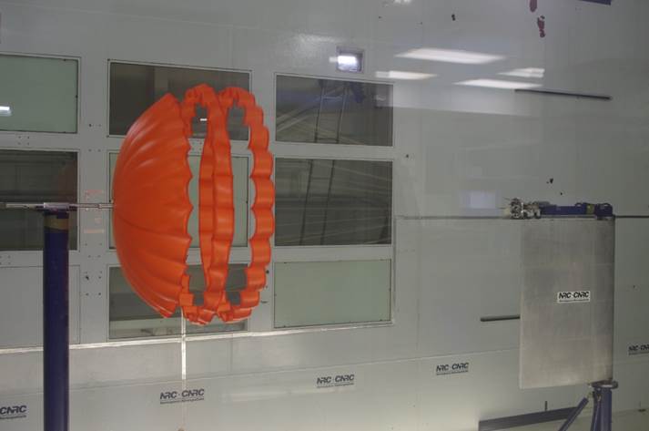 A candidate parachute in the wind tunnel